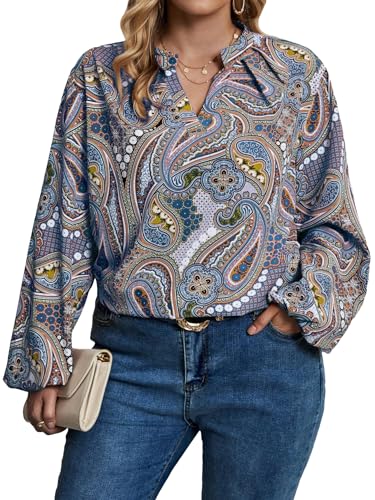 SOLY HUX Women's Plus Size Allover Printed Notched V Neck Long Sleeve Casual Blouse Tops Blue Paisley 2XL