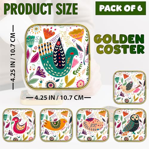 Image of Rousrie Stylist Modern Wooden Coasters with Golden Border | Set of 6 | Stand Included Premium Handmade Coaster for Tea Cups, Coffee Mugs, Beer Mugs, 10 by 10 cm (Pichwai Pattern)