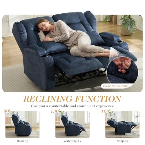 Image of Loveseat Recliner Sofa,RV Wall Hugger Recliners for Small Spaces,Reclining Loveseat Sofa Recliner with Cup Holders /Lumbar Pillows,RV Furniture (Velvet Blue, 56 inch 2-Seater)