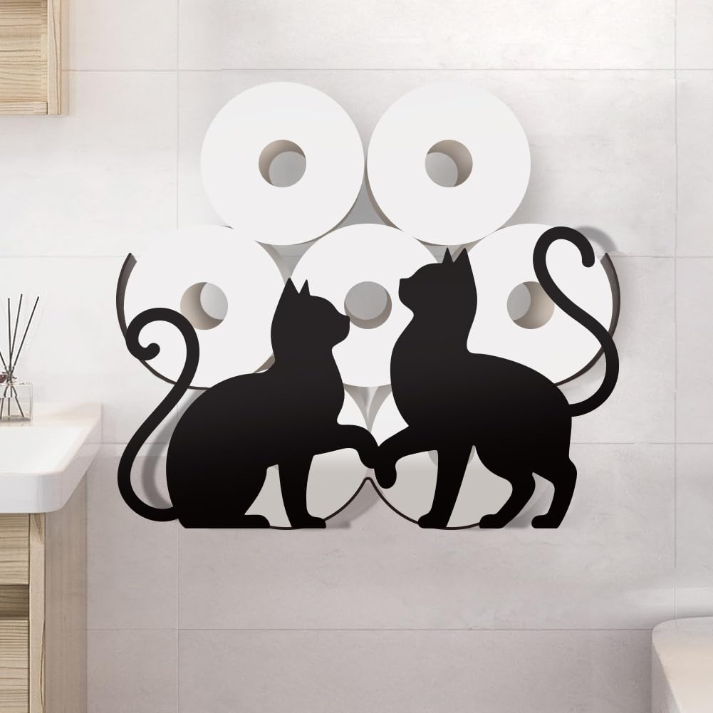 WADORN Two Cats Metal Toilet Paper Holder for Extra 8 Rolls, Black Cats Toilet Tissue Storage Decorative Toilets Paper Rolls Organizer Wall Mounted for Bathrooms Home Office