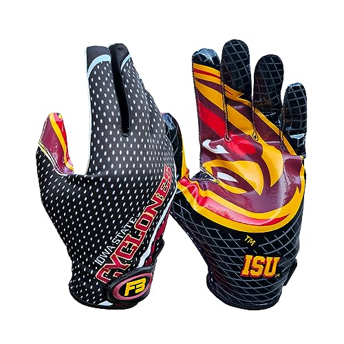 Scale Wear Design Iowa State University ISU Cyclones Football Gloves with Super Stick-Tach Silicone Grip Palms. Men's & Youth Boys Sticky Football Receiver Gloves (Black, Adult-L)