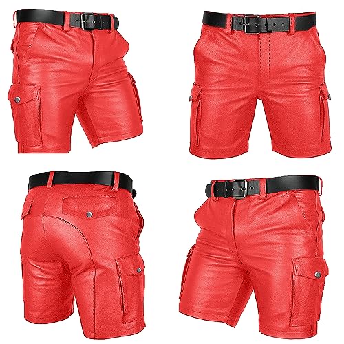 Rising Bloom Men's Real Leather Summer Cargo Shorts Club Wear Belt Short 6 Pocket (UK, Waist, 28, Regular, Short, Red) Rising Bloom Men's Real Leather Summer Cargo Shorts Club Wear Belt Short 6 Pocket (UK, Waist, 28, Regular, Short, Red)