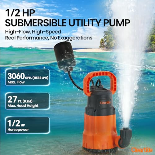 Image of Cleartide Submersible Water Sump Pump with Float Switch, 1 /2 HP 3060 GPH High Flow, Ideal for Yard and Flooded Cellar, Hot Tub, Garden Irrigation, Debris-Handling up to 3 /8 inch