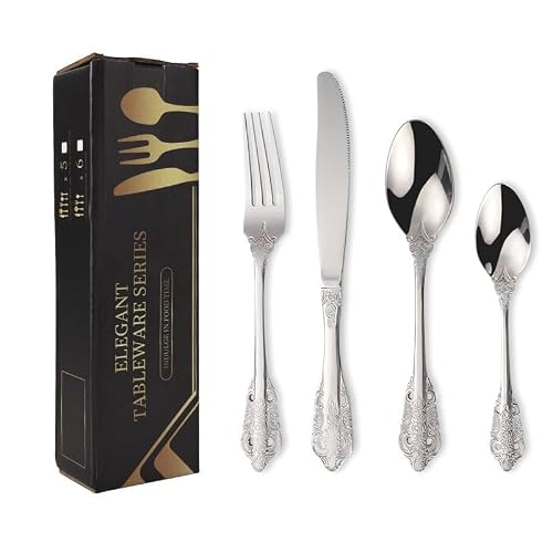 Stainless Steel Flatware serving set,Home Kitchen Eating Tableware Set,Dishwasher Safe,For Home Kitchen Restaurant Hote 4/16/24/32/40/48pcs 304 Embossed Palace Stainless Steel Cutlery Set Thickened St