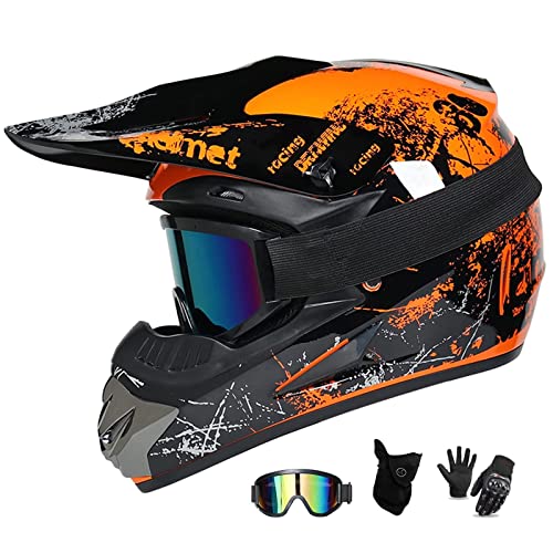 CANIAN Cascos de Moto Integrales, Estampado Floral Verde y Naranja Cascos Infantiles Moto con Guantes Gafas Máscara Dot certificació (A,XL(61-62cm))