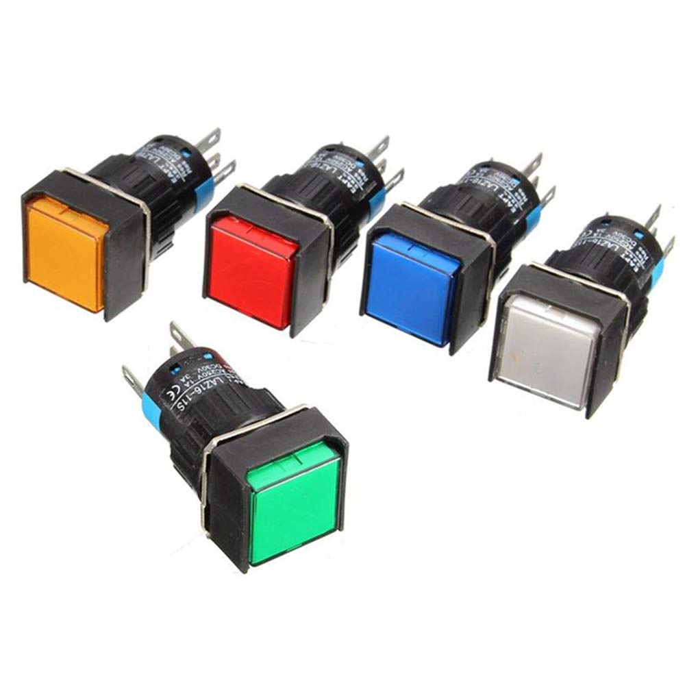 Momentary Push Button Switch, 5 Pins Mini Momentary Switch for 16mm Diameter Mounting Hole (DC 12V - Red, 5Pcs)