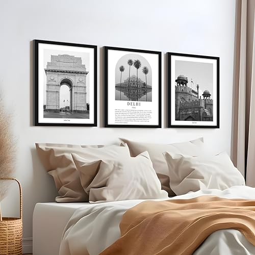 Image of PAINTINGMANTRA Wall Art for Home A3 Delhi Wall Art Prints Pack of 3 Framed Wall Decor Featuring Heritage Landmarks, Red Fort Photography Wall Art for Living Room, Bedroom, Office (32x44 cm)