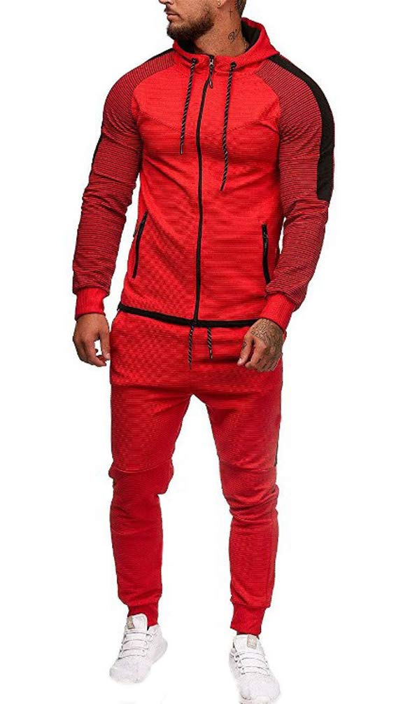Sportowy Garnitur Męski Pinstripe Splice Slim Fit Dres Modne Spodnie dresowe + Zestaw Bluza Z Kapturem Trend Zimowy, Czerwony, XL