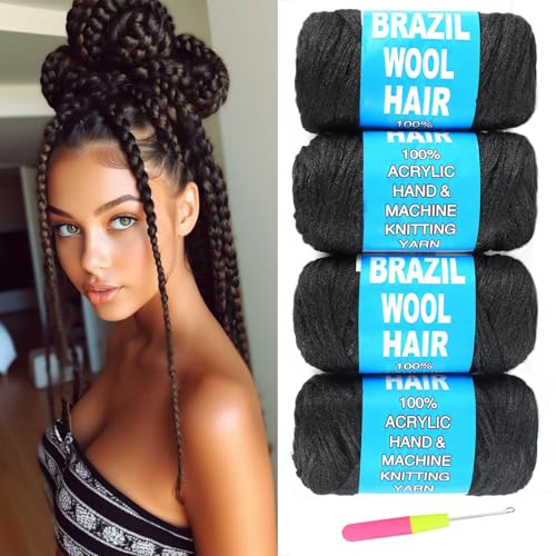 4 rouleaux de cheveux brésiliens en laine pour tresses - Fil acrylique pour cheveux afro-brésiliens crochetés - Tresses géantes - Twist sénégalais -...