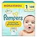 Pampers Premium Protection Größe 1, 180 Windeln, 2kg-5kg, Doppelter Schutz für die Haut und vor Auslaufen