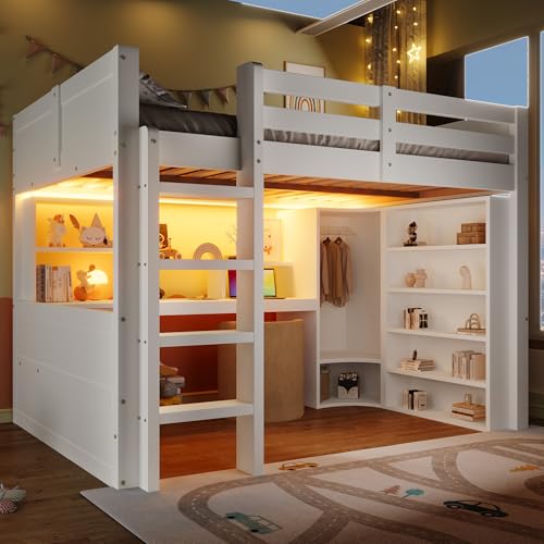 Fppuueg Letto a Soppalco 140x200 cm con Scrivania e Luce LED, Letto a Castello per Adulti con Armadio e Cassetti, Letto Soppalco per Adulti con Scala, Struttura in Legno, Bianco, Senza Materasso
