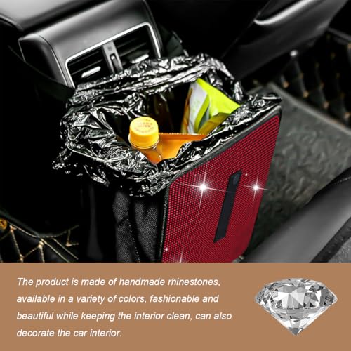Image of Car Trash Can, Bling Rhinestone Crystal Waterproof Hanging Garbage Bag for Car Interior, Oxford Leakproof Foldable Waste Organizer Trash Bin Universal for Most Vehicles (Red)