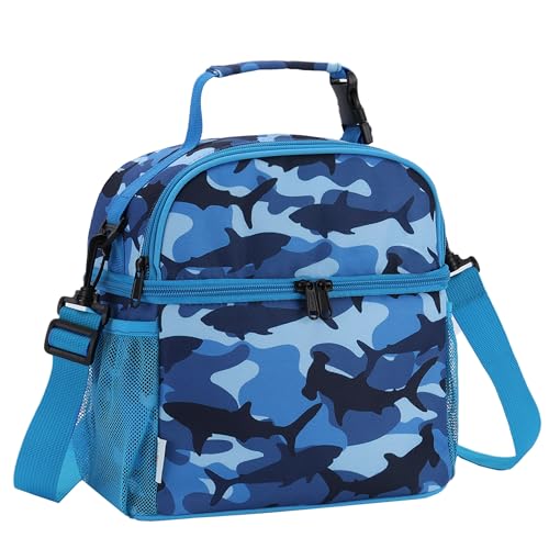 VASCHY Lunch Bag for Kids Insulated Lunch Box Double Compartments Cooler Lunch Tote for Toddlers Boys Girls School/Daycare/Picnic Ocean Sharks