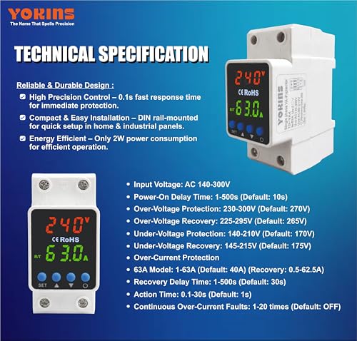 Image of YOKINS Advanced Adjustable Over & Under Voltage Protector Relay with Overcurrent Protection | 63A 230V DIN Rail Mounted | Auto Reconnect | Fast 0.1s Response | Home & Industrial Use (YD-VA4)