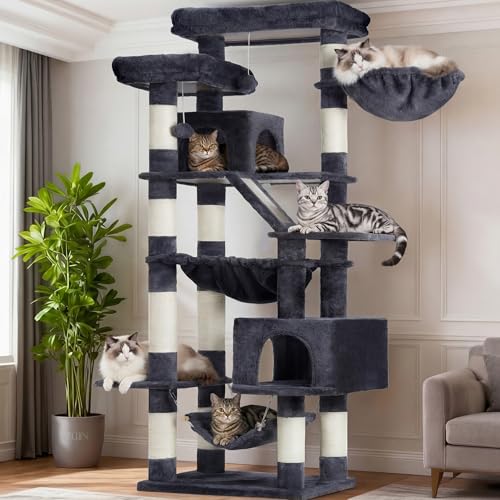 Image of Heybly Cat Tree, 71-Inch-Tall Tower for Indoor Cats with 2 Perches HCT034G | Large Cat Furniture with 2 Big Condos, 2 Hammocks, Basket, Scratching Pad, Multi-Level Cat Condo, Smoky Gray