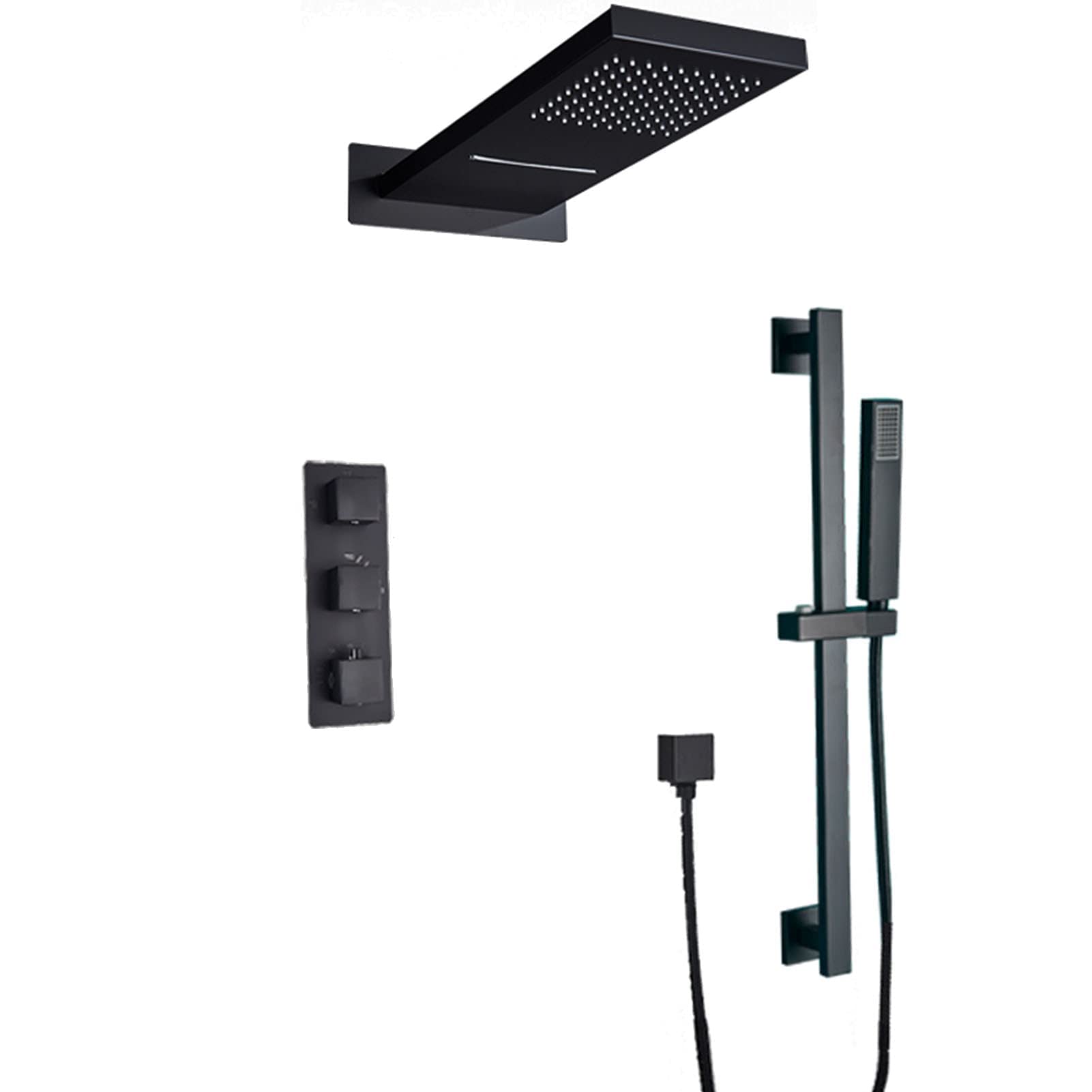 Sjdopulse Black Waterfall Rain Shower System Handheld Shower With Slider Bar, Wall Mounted Thermostatic Shower Faucet Set, Bath Shower Mixer Tap
