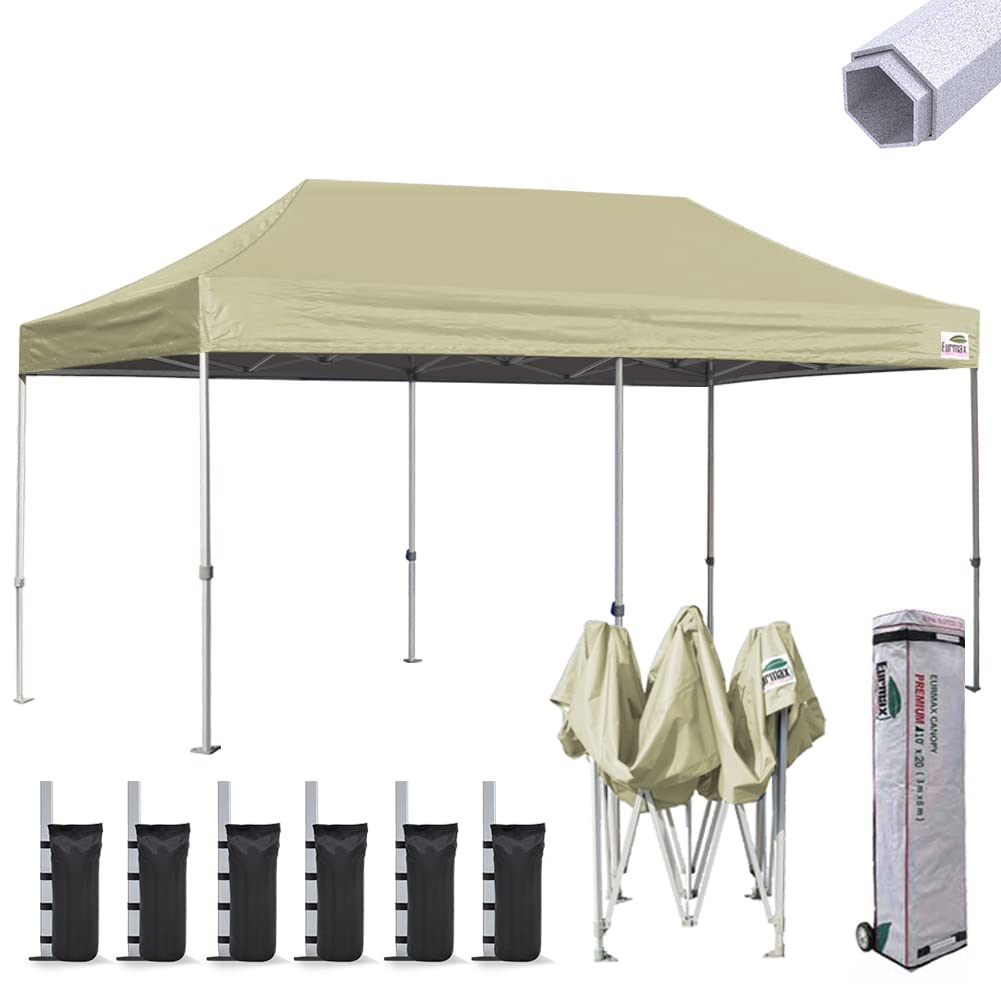 Eurmax USA Premium 10 x 20 EZ Pop-up Canopy Tent Commercial Instant Canopies Shelter with Heavy Duty Wheeled Carry Bag Bonus 4 Sand Bags (Beige)