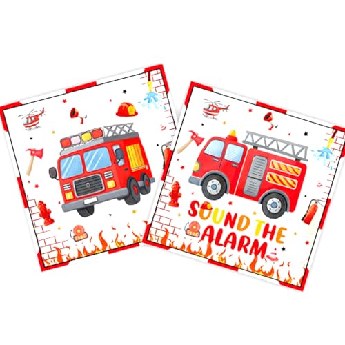Ovanda finemark Lot de 20 serviettes de table motif camion de pompier (33 x 33 cm), décoration de table pour anniversaire d'enfant, garçons et filles,...