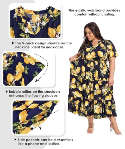 Image of TIYOMI Women Plus Size Dress Boho V Neck Short Sleeve Beach Maxi Dresses Floral /Stripe /Leaves /Lemon XL-5XL