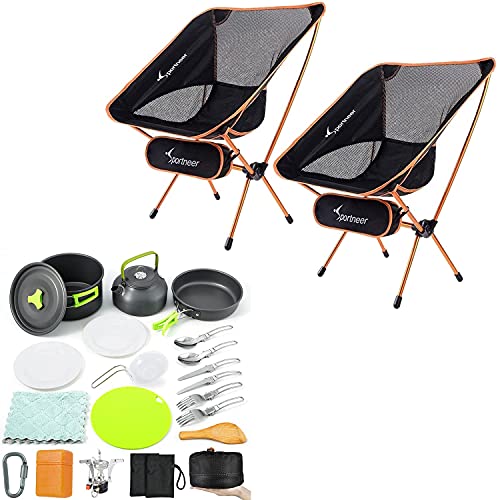 Sportneer Camping Backpacking Chair with 18Pcs Camping Cookware Set Stove Canister Stand Tripod Camp Cooking Set Backpacking Stove Kit