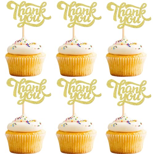 Blumomon 24Pcs Gold Glitter Thank You Cupcake Toppers Thank You Cupcake Picks for Birthday Anniversary Thanksgiving Parents, Friends, Teachers, Colleagues Cake Decoration Supplies