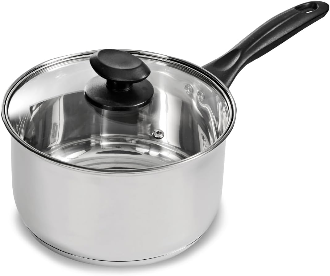 Blackmoor 20cm Stainless Steel Saucepan/Tempered Glass Lid with Steam Vent/PFAS-Free/Suitable for All Hob Types Including Induction/Necessities Range 69839