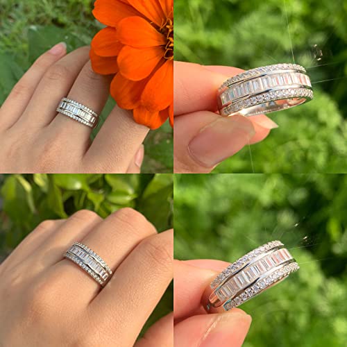 Wuziwen Women Sterling Silver Round and Baguette Eternity Ring Wedding Band for Women Cubic Zirconia Sz 5-104