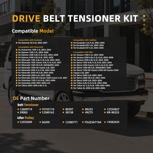 Image of Belt Tensioner Serpentine Belt Idler Pulley Kit for Cadillac 2003-2006, for Chevy 2002-2007, for GMC 2002-2007#OE 39083 12609719 12555609 12626222