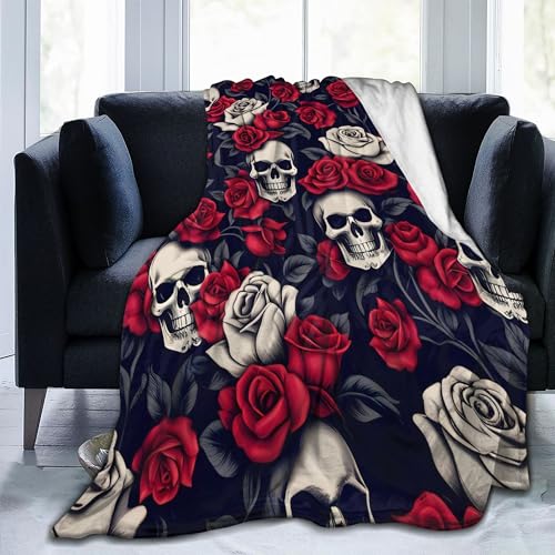 Vodrm 9RFGVD53GRF Horror Skull Blanket Gifts For Kids Adults Soft Warm Lightweight Cozy Gothic Red Rose White Black Skulls Throw Blankets For Bed Living Room Sofa Couch Halloween Goth Decor 50X60In thumb #1