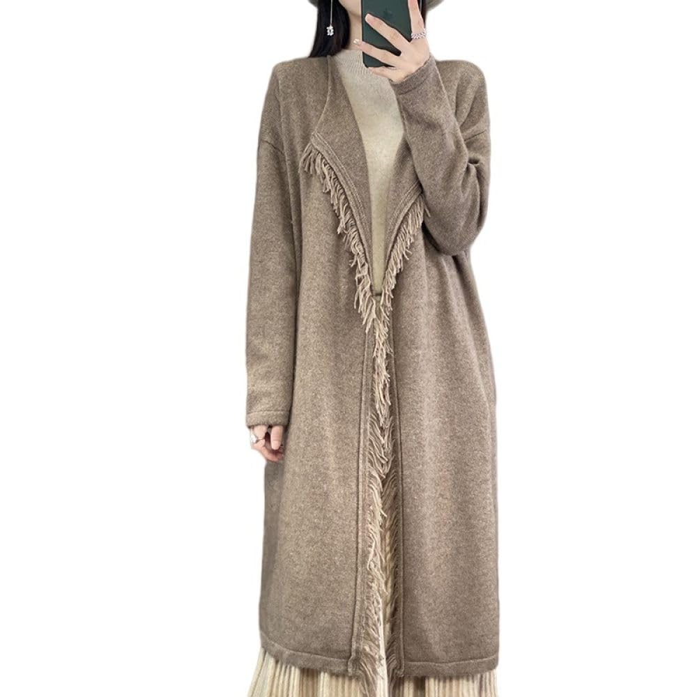Lange Woll-Cardigans Für Damen Spleißen Fransen-Strickjacken Vorne Offen Damen-Pullover Mit V-Ausschnitt Eleganter Herbst-Winter Weicher Kaschmir-Strickpullover Oberbekleidung
