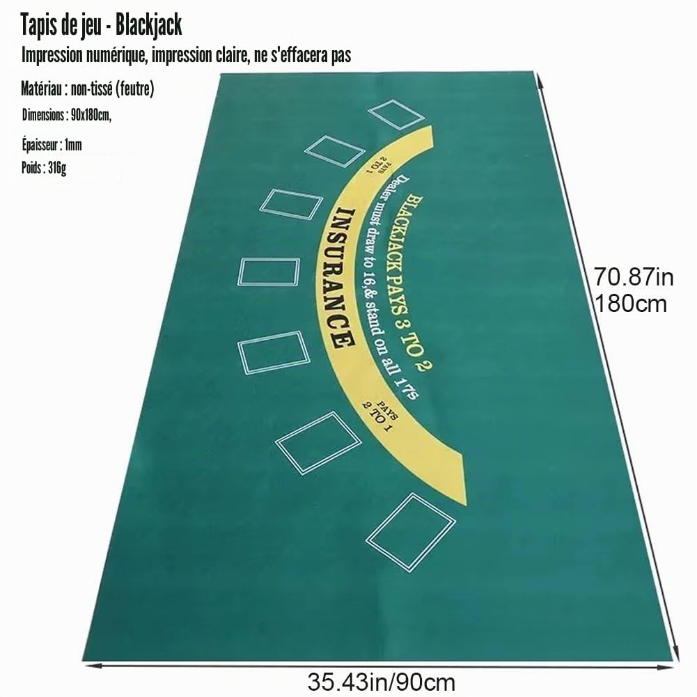 Tapis De Table en Feutrine 180x90cm pour Jeux De Blackjack De Casino, Tapis De Poker Portable Vert, Accessoire De Jeu pour Soirées À Thème.
