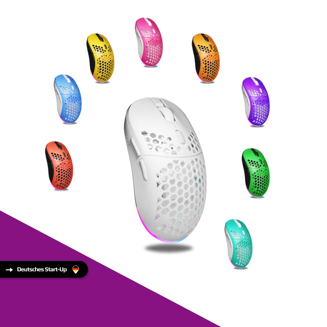 Nyfter - NYF22 Turquesa Blanco Wireless Gaming Gen2 Mouse Ultraligero 75 g Potente con 400 mA 19K DPI, 400 IPS 1000 Hz 50 h Duración de la batería Duradera Dos Cases intercambiables Incluye