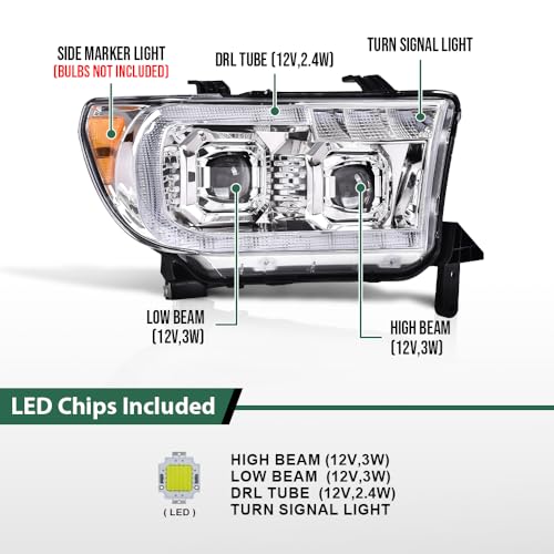 Image of GRAND ORANGE LED Headlight Assembly Assemblies Compatible with Toyota Tundra 2007-2013 /Fit Toyota Sequoia 2008-2017 Driver & Passenger Side Chrome Headlamps TO2502171 TO2503171 811500C051 811100C051