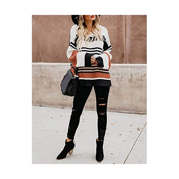 ZESICA Women's 2024 Fall Long Sleeve Crew Neck Striped Color Block Casual Loose Knitted Pullover Sweater Tops,Black,Medium