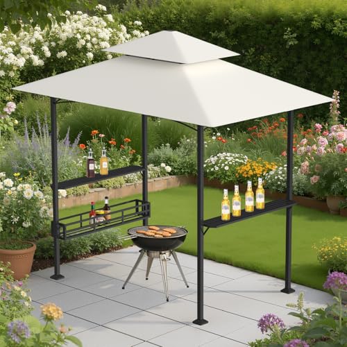 Peviasot Grillpavillon Wasserdicht mit 2 Seitenregalen Metallkorb Haken und Flaschenöffner Doppelstöckiges Dach Grillzelt UV-Schutz Gartenpavillon für BBQ Party 238x148x250 cm Beige