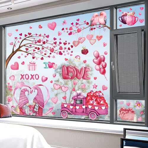 Pwsap Pegatinas de Ventana de San Valentín, 9 Hojas Grande árboles Gnomo Flamencos Corazón Estáticas Calcomanías, Autoadhesivas Rosa Rojo Decoraciones para Hogar Bodas Aniversarios Fiestas Tiendas