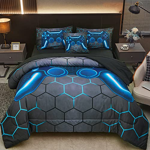 Image of Game Console Blue Comforter Set with Sheets, 6 Pcs Bed in A Bag Geometric Lightweight Boys Full Size Bedding Set for Kids Teens