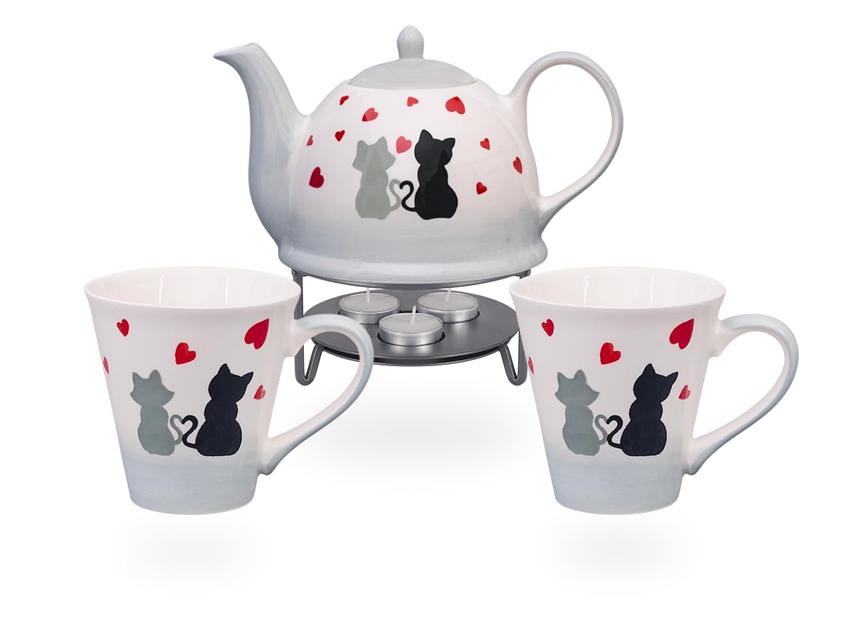 Teeset, Teeservice, Teekanne 1,5l aus Keramik mit Stövchen aus Metall und 2 Teetassen, "Cats in Love", Geschenkidee für Katzenliebhaber, handbemalt
