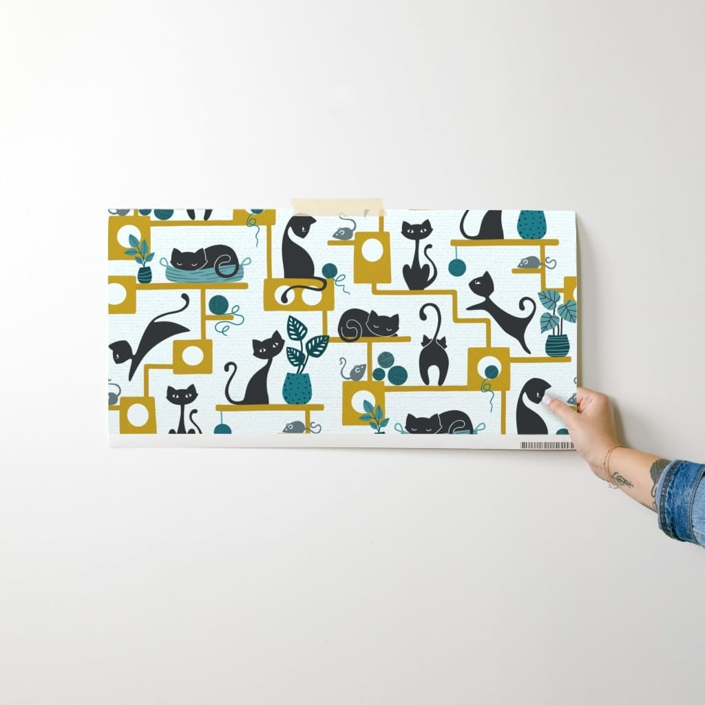 Spoonflower Peel & Stick Wallpaper Swatch - Retro Black Cats Teal Animals Plants Mustard Gold Midcentury Custom Removable Wallpaper