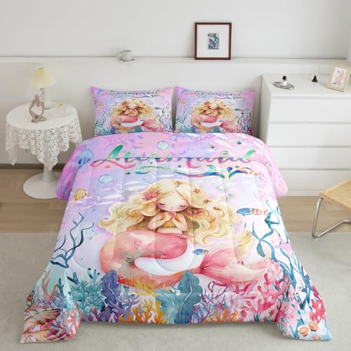 Edredón de sirena para niñas tamaño matrimonial con estampado de escamas de peces de arcoíris 2