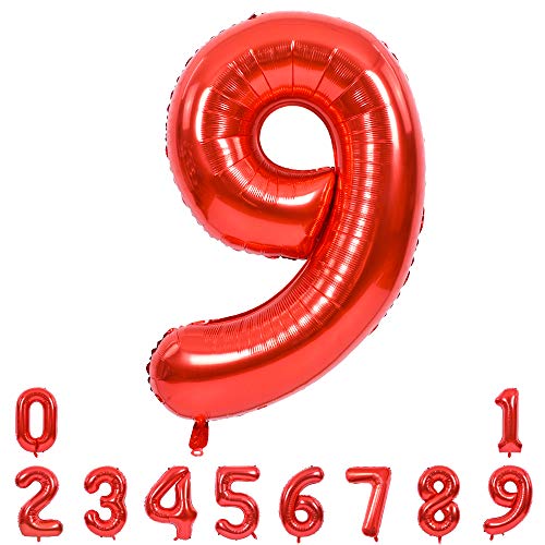 Image of TONIFUL 40 Inch Red Number 9 Balloons Large Foil 9th Birthday Decorations | Red 9 Balloon Number Nine for 9th 29th 39th 90th Birthday 9 Year Anniversary, Red Birthday Decor for Men Women Boys Girls