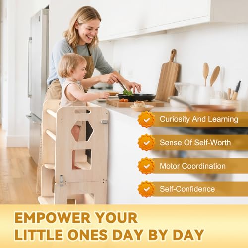 Image of Woodure 3-in-1 Toddler Kitchen Step Stool, Foldable Learning Standing Tower with Blackboard, Wooden Kitchen Stool Helper for Kids