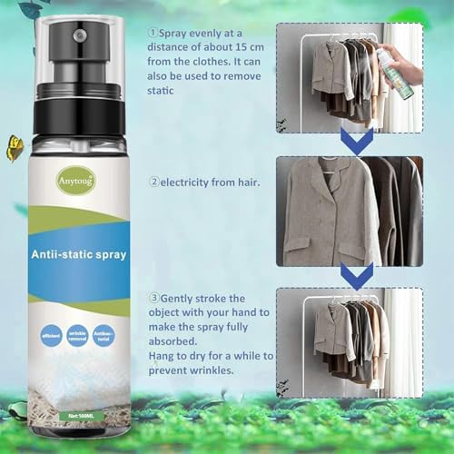 Antistatik Spray,Spray Antistatisch,100 ml Anti Static Spray,Antistatikspray,Statikspray für Kleidung,für Kleidung,Textilien,Möbel und Auto,Reduziert Statische Aufladung