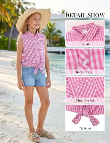 Image of Noomelfish Girls Sleeveless Button Down Shirt Tie Knot Blouse Western Cowgirl Outfit (5-12 Years)