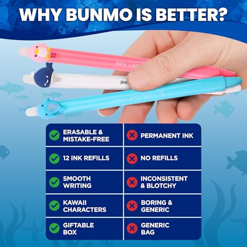 Image of BUNMO 12 Erasable Gel Pens - Cute Animal Fine Point Pens for Kids