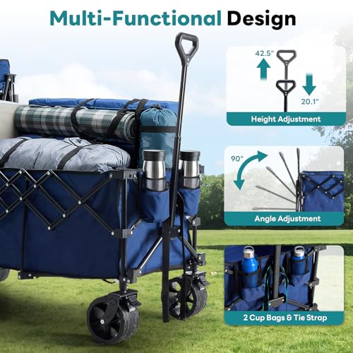 Image of DUMOS 49''L Collapsible Extended Wagon with 440LBS Capacity, Heavy Duty Wagons Garden Cart with All-Terrain Big Wheels & Drink Holders, 250L Foldable Carts for Sports, Shopping, Camping, Blue