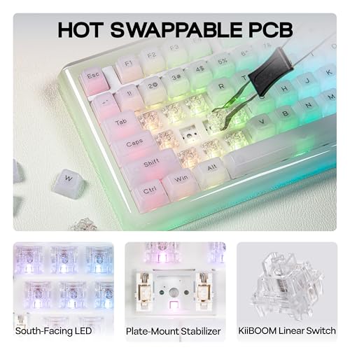 Image of KiiBoom Jade75 75% Resin Molding Mechanical Keyboard, BT5.0 /USB-C /2.4GHz Wireless Gaming Keyboard, QMK&VIA Programmable, RGB Backlits, Hot-Swappable, CNC+UV Case for Windows /Mac /Linux (Clear)