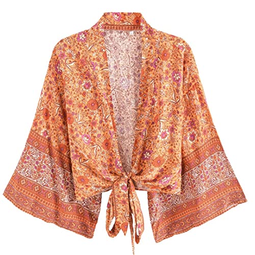 Kimono court vintage imprimé floral femme col en V manches chauve-souris XL