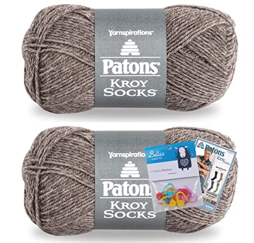 Patons Kroy Socks Yarn 2-Pack Bundle with Bellas Crafts Stitch Markers (Flax)