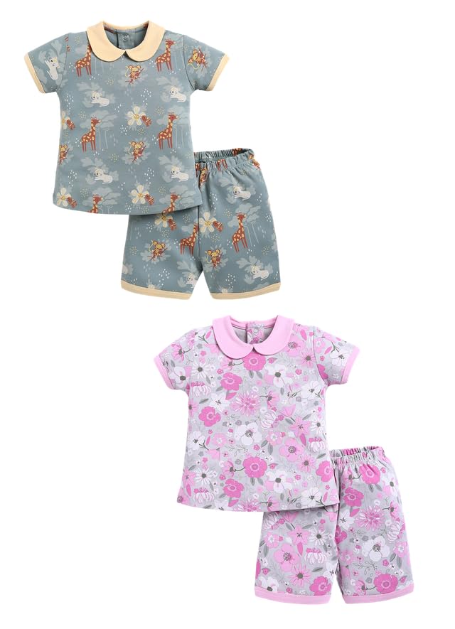 Image of Baby Girls 100% Cotton Printed Half Sleeve T-shirt & Short Summer Clothing Sets (Pack Of 2)